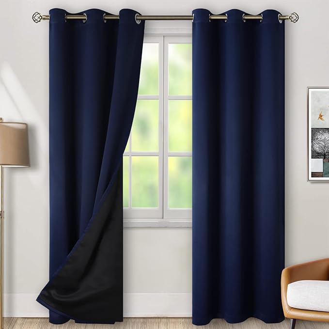 BGment Thermal Insulated 100% Blackout Curtains for Bedroom with Black Liner, Double Layer Full Room Darkening Noise Reducing Grommet Curtain (38 x 84 Inch, Navy Blue, 2 Panels)