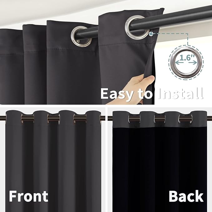 BGment 100% Blackout Curtains 108 Inch Long 2 Panles Set, Thermal Insulated Total Light Locking Soundproof Grommet Curtains & Drapes for Living Room with Black Liner, 52 Inch Wide Each, Dark Grey