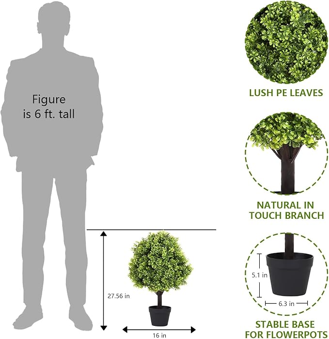 27“ Realistic Artificial Boxwood Topiary Trees Set of 2, Faux Plants Outdoor UV-Resistant, Fake Evergreen Bushes & Shrubs for Front Porch Outside Planter Decor
