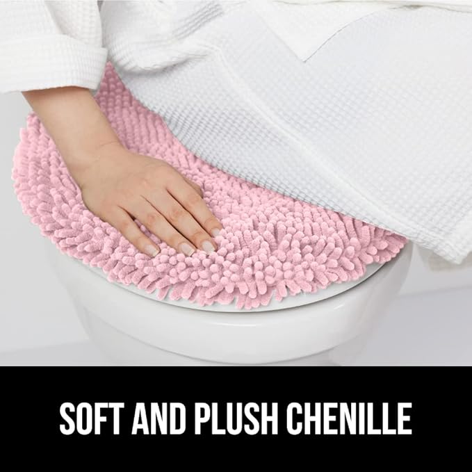 GORILLA GRIP Soft Chenille Bathroom Toilet Lid Cover, Machine Washable Seat Covers, 19.5x18.5, Stays in Place Rubber Backing, Fits Most Round, Elongated and Oblong Lids, Accessories Decor, Light Pink