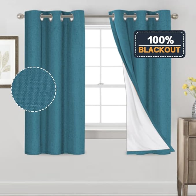 PrinceDeco 100% Blackout Curtains 64 inch Long 2 Panels Set Linen Blackout Curtains for Bedroom Thermal Insulated Drapes with White Liner Privacy Protection,42 X 64 in,Blue Sapphire