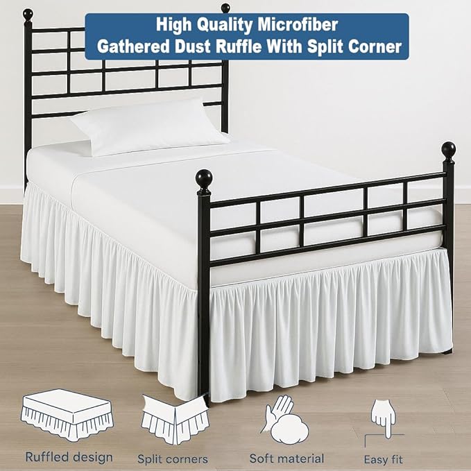 Ruffled Bed Skirt Split Corners with Platform, Tailored Fit Hotel Quality Wrinkle Free Ultra-Soft Microfiber Dust Ruffle, Upto 10 Inch Drop, Twin XL, White