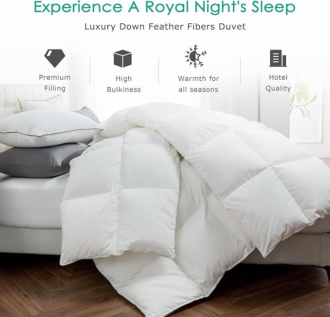 APSMILE Premium Down Feather Fibers Comforter Oversized King Size, All Season Duvet Insert Oversized King Size with 8 Tabs, Ultra Soft Poly-Cotton Cover Down Feather Fibers Comforter (White, 120*98")