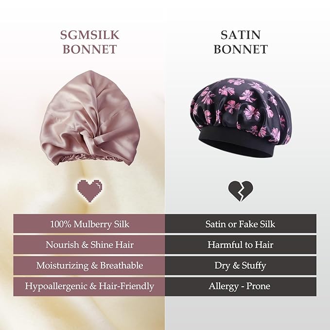 Silk Bonnet for Sleeping Women, 100% Mulberry Silk Sleep Cap with Elastic Band, Real Mulberry Shower Cap on Both Sides, Rose Pink