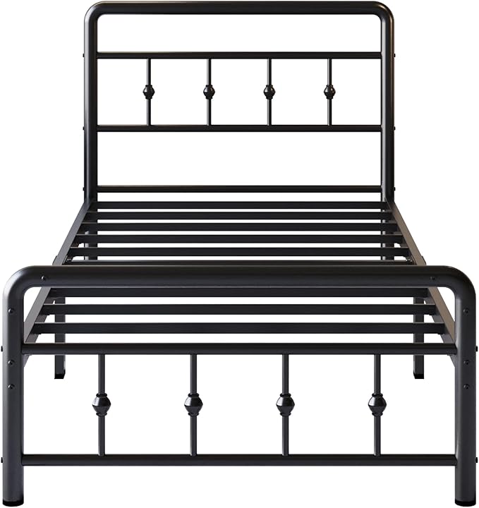 12 Inch Twin Bed Frames with Victorian Vintage Headboard and Footboard, No Box Spring Needed, Heavy Duty Metal Mattress Foundation, Noise Free, Easy Assembly, Black