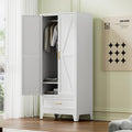 COFaR 71 Farmhouse Metal Wardrobe Closet with Hanging Rod, 2 Barn Doors, Adjustable Shelves, Steel Armoire with Drawer for Home, Bedroom White