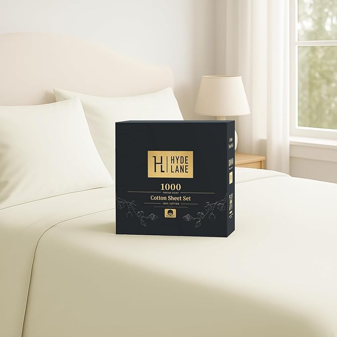 Hyde Lane Luxury 1000 Thread Count 100% Cotton Sheets | Very Soft & Thick - Fits Upto 20" Mattress | Sateen Weave Bed Sheets 18" Deep Pocket- 4 PC Sheet Set (Ivory/Cream, King)