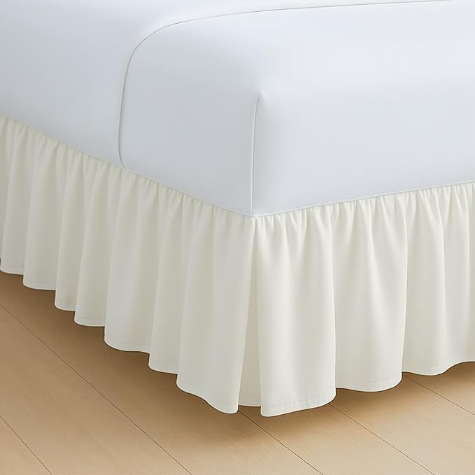 Rajlinen Ruffled Bed Skirt Full, 10 Inch Drop Dust Ruffle with Split Corners, 100% Microfiber Bedskirt with Platform, Three-Sided Coverage Ruffled Gathering Design, Ivory