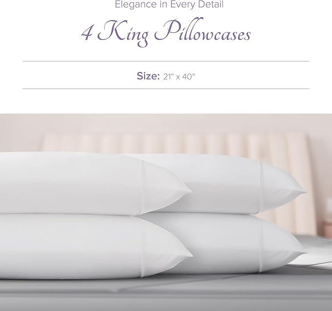 Carressa Linen 100% Egyptian Cotton King Size Pillow Cases Set of 4 - Luxury 600 Thread Count White King Pillowcases, Silky Soft, Cooling, Breathable Sateen Weave Hotel Quality Bed Pillow Cover