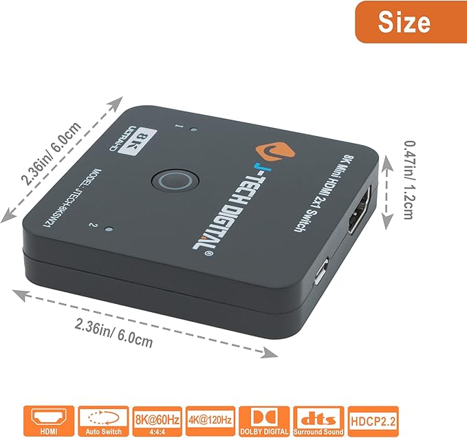 J-Tech Digital 8K HDMI 2.1 Mini Switch 2 in 1 Out 48Gbps 8K 60Hz 4K 120Hz HDR / HDR10 HDMI Switcher for Xbox PS5 BluRay with Auto Switch [JTECH-8KSW21]