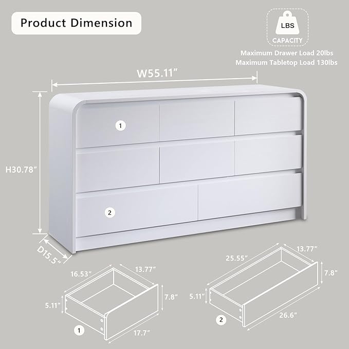 Modern 8 Drawers Dresser for Bedroom, 55" Wide Dressers & Chest of Drawers w/Curved Profile Design, Wood Mid Century Storage Dressers Organizer for Bedroom, Living Room, White