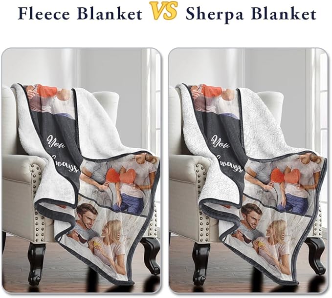 Custom Sherpa Fleece Blanket with Photos, Text, Soft, Warm, Fuzzy - Personalized Couples Gifts for Boyfriend, Girlfriend - Customized Picture Blanket for Birthday, Anniversary, Christmas