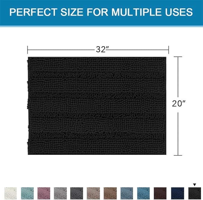H.VERSAILTEX Bath Rugs for Bathroom Non Slip Bath Mats Extra Thick Chenille Striped Rug 20" x 32" Absorbent Non Skid Fluffy Soft Shaggy Washable Dry Fast Plush Mat for Indoor, Bath Room, Tub - Black