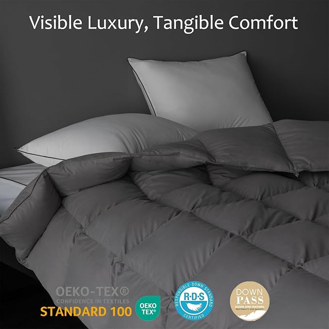Luxury Down Fiber Comforter King Size - High Fill Power Medium Warmth for All Season Duvet Insert - Light Weight, Charcoal Grey (106" x 90")