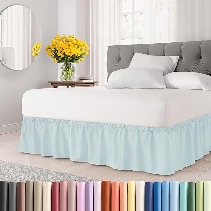 Wrap Around Dust Ruffle Bed Skirt - Ice Blue - for Full Size Beds w/ 12 Inch Drop - Easy Fit Elastic Strap - Adjustable Pleated Bedskirt w/Brushed Fabric - Wrinkle Free - for Women, Men, Kids & Teens