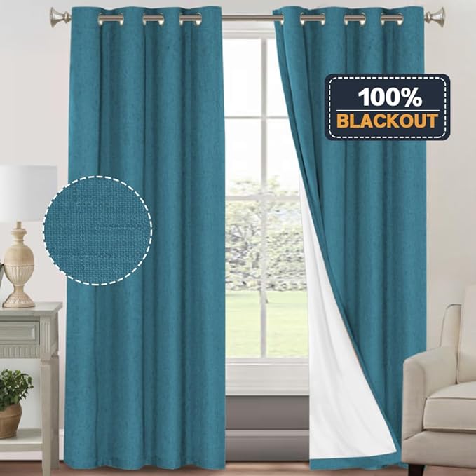 PrinceDeco 100% Blackout Linen Textured Curtains for Living Room Black Out Curtains 96 Inch Long 2 Panels Set Grommet Room Darkening Curtains & Drapes Boho Home Decor for Bedroom, Blue Sapphire
