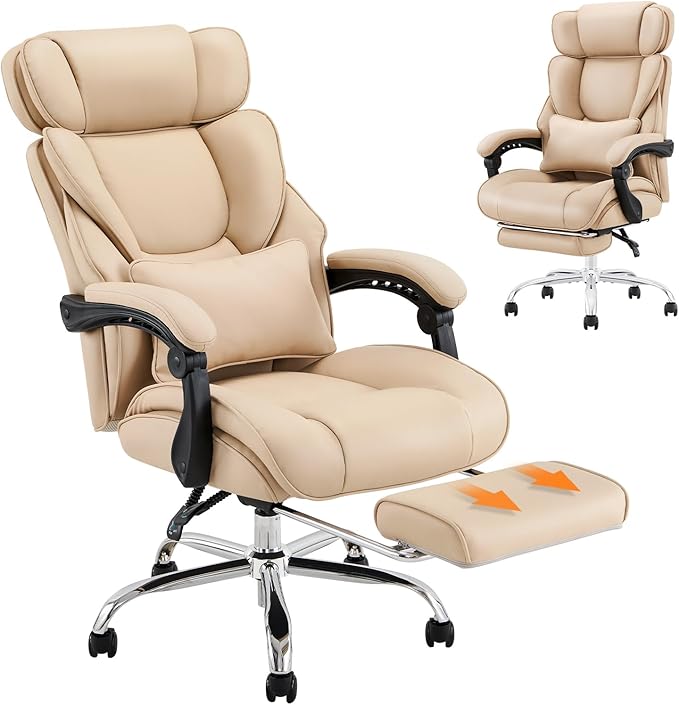 COLAMY Office Chair with Retractable Footrest, Ergonomic High Back Design Executive Computer Desk Chair with Removable Lumbar Pillow, 90-135°Reclining, Thick Bonded Leather for Home Office Work, Khaki