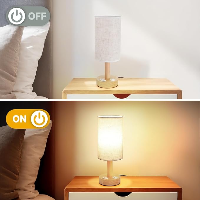 Small Bedside Table Lamp with AC Outlet,Natural Round Wood Base&Fabric Linen Shade,Cozy Night Table Light for Study Reading,Minimalist Boho Desk Lamp for Nightstand,Living Room,Nursery,Kitchen,Dorm