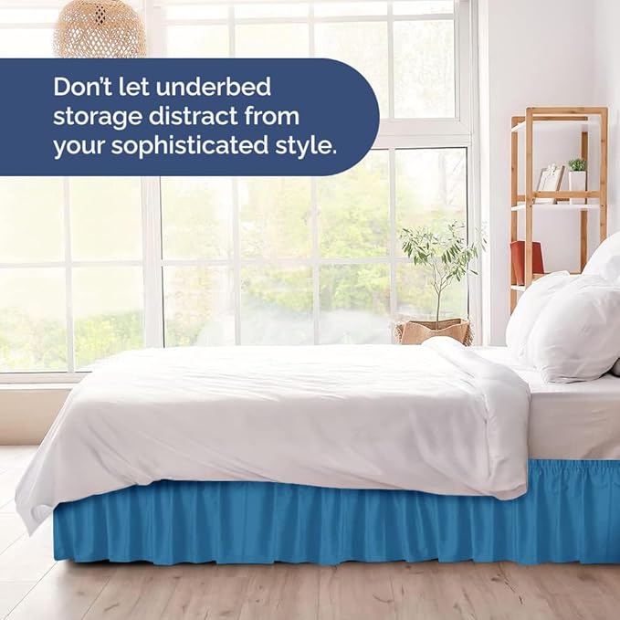 Wrap Around Dust Ruffle Bed Skirt - Denim Blue - for Queen Size Beds with 18 Inch Drop - Elastic Strap - Adjustable Pleated Bedskirt with Brushed Fabric and Wrinkle Free - For Women, Men, Kids & Teens