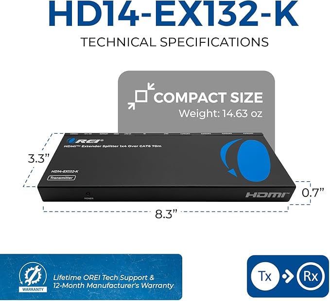 OREI 1x4 HDMI Extender Splitter Multiple Over Single Cable CAT6/7 1080P with IR Remote EDID Management - Up to 165 Ft - Loop Out - Low Latency - Full Support