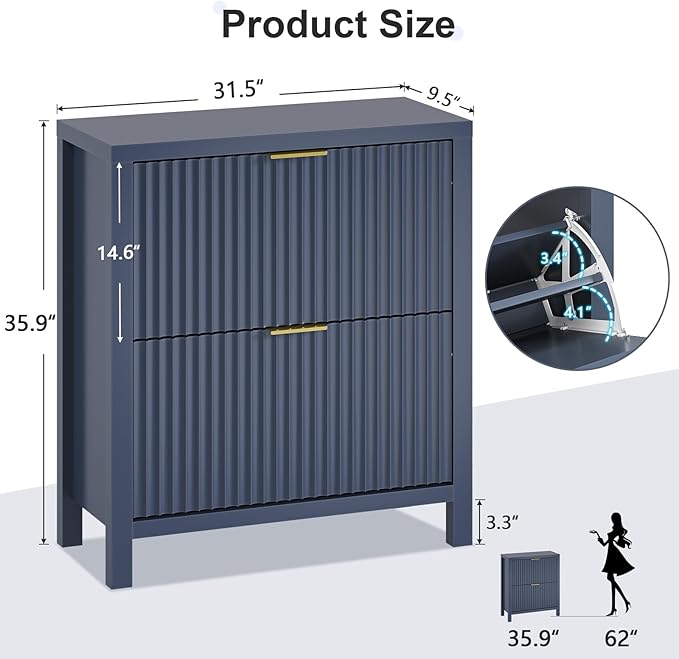 Shoe Cabinet Storage for Entryway, Fluted Shoe Cabinet with 2 Flip Drawers, Hidden Shoe Rack Tall Freestanding Shoe Organizer with Legs for Hallway, Blue