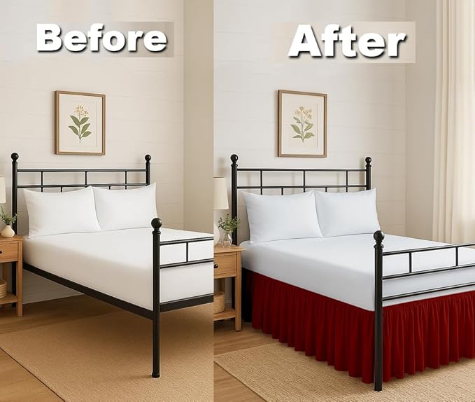 Ruffled Bed Skirt Split Corners with Platform, Tailored Fit Hotel Quality Wrinkle Free Ultra-Soft Microfiber Dust Ruffle, Upto 21 Inch Drop, Twin, Burgundy