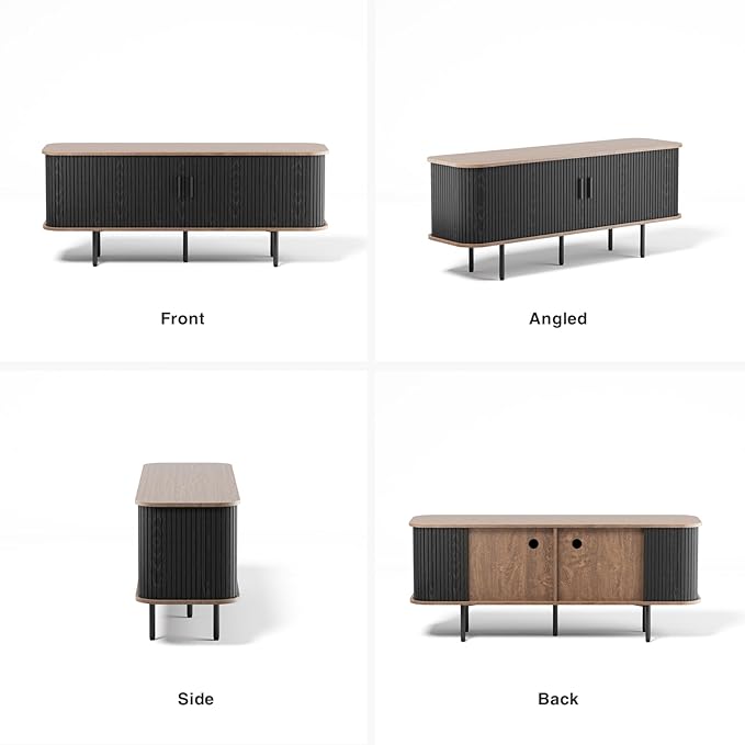 55''W Black Cabinet with Storage, Media Console, Tambour TV Stand, Television Stands with Curvy Edge; Sliding Door, Fluted Cabinet, Buffet Sideboard, Credenza, Table Stand for Living Room, Kitchen