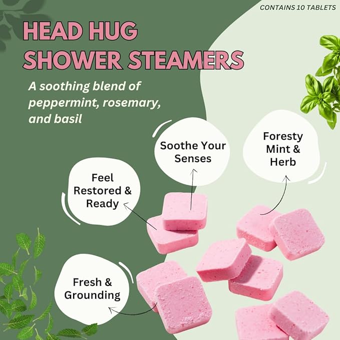 Head Hug Shower Steamers Aromatherapy for Relief - Christmas Gift - Adult Stocking Stuffer - USA Made - Peppermint & Rosemary Shower Bomb Tablets - Soothing Natural Essential Oils (10 Pack)