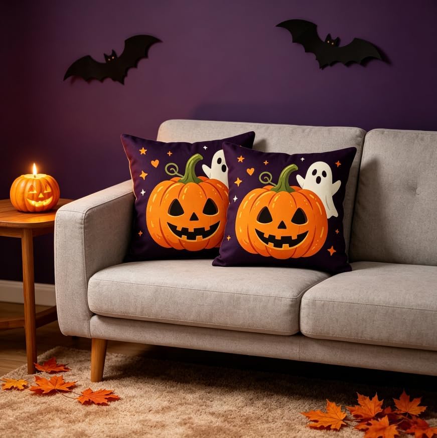 Halloween Decorations Throw Pillow Covers, Jack-O-Lantern Pumpkin and Ghost - Image 5