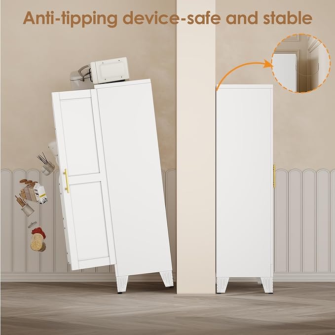 47" Kitchen Pantry Cabinet, Metal Storage Cabinet with 3 Adjustable Layer Shelves, 8 Door Shelves, Buffet Sideboard for Living Room, Kitchen, White