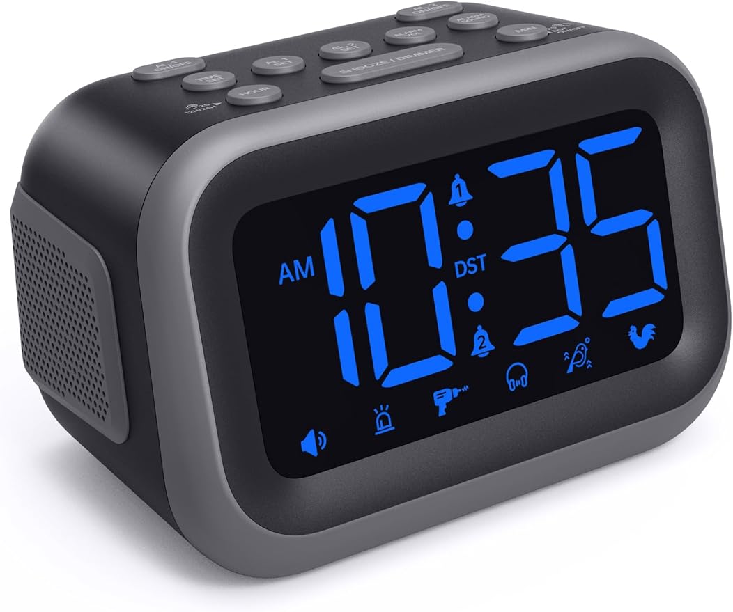 Super Loud Alarm Clock: 115dB Dual Alarms and 6 Alarm Sounds for Heavy Sleepers - Adult Shift Workers in Bedroom or Daily Wake-Up Use - Blue Digits
