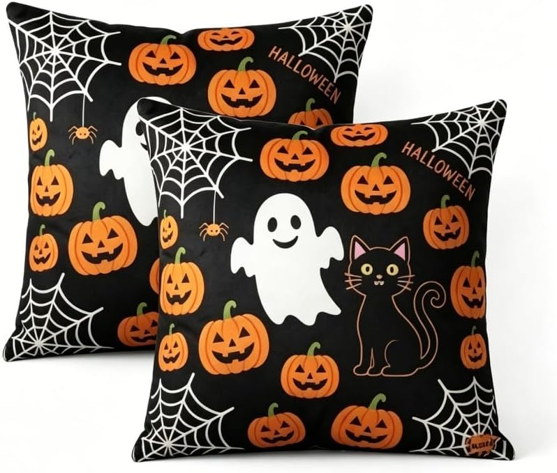 Halloween Throw Pillow Covers, Ghost Pumpkin Spider Web Black Cat Design by Unknown