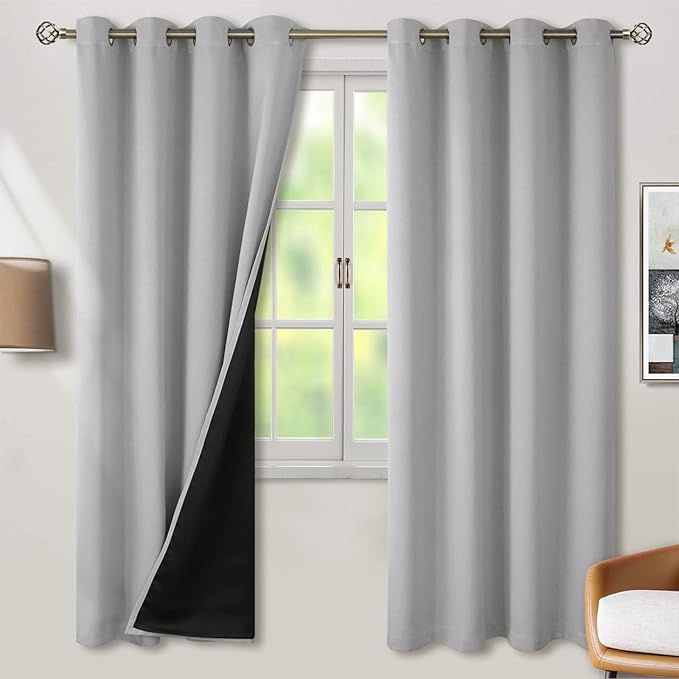 BGment 100% Blackout Curtains for Bedroom with Black Liner, Thermal Insulated Thick Double Layers Total Light Blocking Grommet Window Curtains 72 Inch Length 2 Panels Set (52 x 72 Inch, Light Grey)