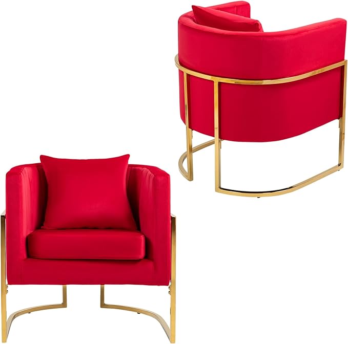 Velvet Modern Accent Chair, Upholstered Barrel Armchair Mid Century with Pillow for Living Room, Comfy Single Vanity Chair with Metal Gold Legs for Bedroom, Rose Red