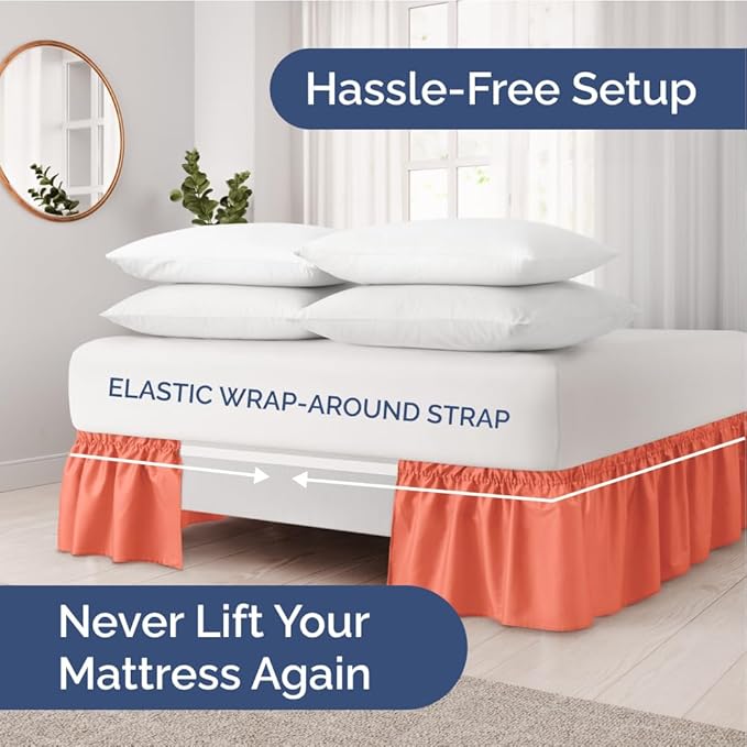 Wrap Around Dust Ruffle Bed Skirt - Coral - for King Size Beds with 18 Inch Drop - Easy Fit Elastic Strap - Adjustable Pleated Bedskirt w/Brushed Fabric - Wrinkle Free - for Women, Men, Kids & Teens