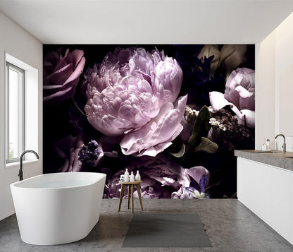 -Black Peony Purple Floral Botanical Fabric Wallpaper Living Room Bedroom Bathroom Dark Flowers Large Wall Mural- 160"x108"（ not Peel and Stick）