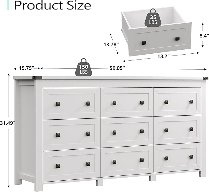 Dresser for Bedroom with 9 Drawers, Farmhouse Wood Chest of Drawers, Wide TV Stand Closet Storage Furniture with Metal Handle, Modern Clothes Organizer for Hallway, Living Room, Entryway, White