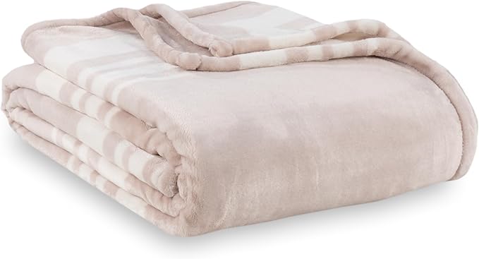 Berkshire Blanket-Classic Heavyweight Warm Soft Printed VelvetLoft® Plush Blanket, King Size Soft Fuzzy Blanket for Couch Sofa Bed, Stripe Cream, 90in x 108in