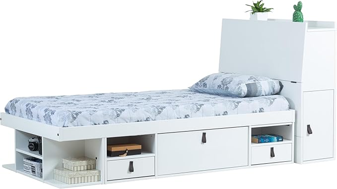 memomad Bali Set: Storage Platform Bed with Drawers + Bookcase Headboard (Twin Size, White Wood)