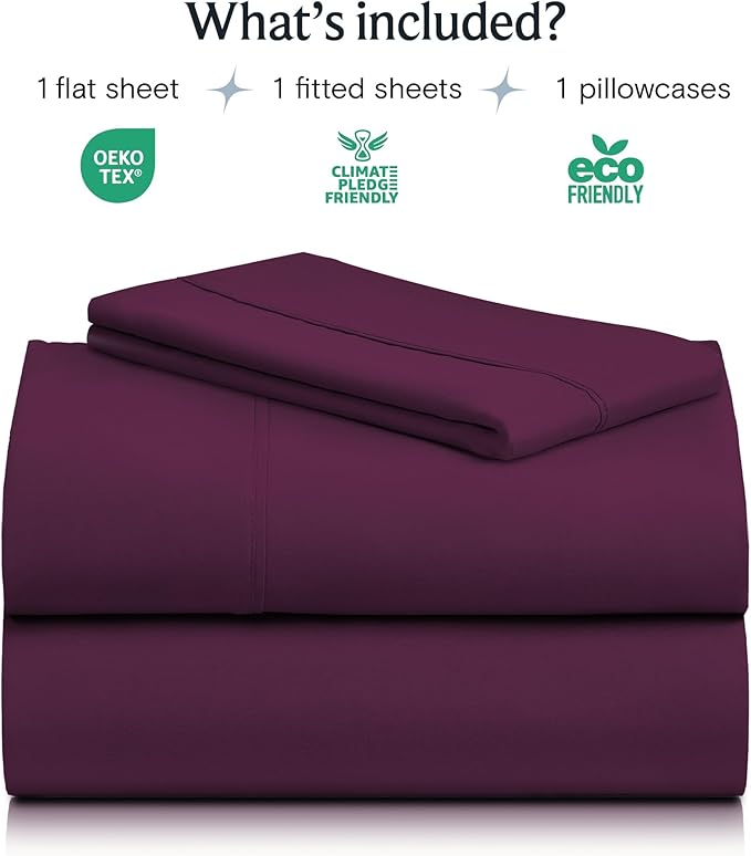 LuxClub 3 PC Twin Sheet Set, Deep Pockets Wrinkle Free Cooling Bed Sheets Hotel Bedding for Women, Men, Kids & Teens, Includes 1 Fitted Sheet, 1 Flat Sheet and 1 Pillowcase-Silky Soft Eggplant