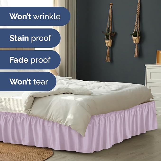 Wrap Around Dust Ruffle Bed Skirt - Light Lavender - for King Size Beds w/ 12 Inch Drop - Easy Fit Elastic Strap - Adjustable Pleated Bedskirt w/Brushed Fabric Wrinkle Free, Women, Men, Kids & Teens