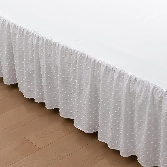 Tufted Dot Bed Skirt King Size Ruffled Bed Skirt with Split Corners, 12 Inch Drop Dust Ruffle Bed Skirts with Platform, White