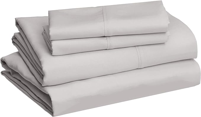 Amazon Basics Lightweight Super Soft, Wrinkle-Free Easy Care Microfiber 4 Piece Bed Sheet Set with 14-Inch Deep Pockets, King, Light Gray, Solid