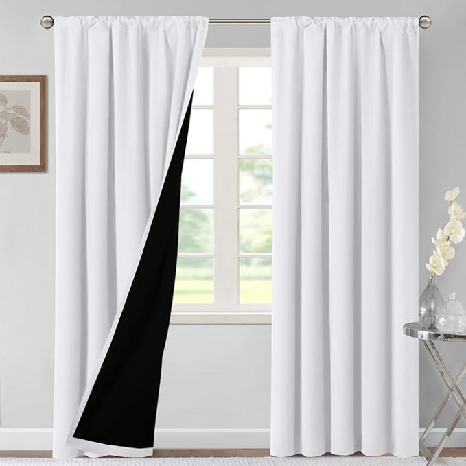 H.VERSAILTEX 100% Blackout Curtains for Bedroom Thermal Insulated Blackout Curtains 96 Inches Long Rod Pocket Window Drapes for Living Room with Black Liner 2 Panels Set, Pure White
