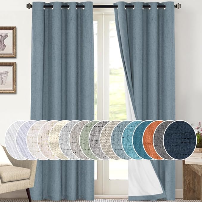 PrinceDeco 100% Blackout Curtains 108 inches Long Linen Blackout Curtains for Bedroom Living Room Black Out Darkening Curtain Thermal Insulated Anti-Rust Grommet Set of 2(52x108 inch,Stone Blue)
