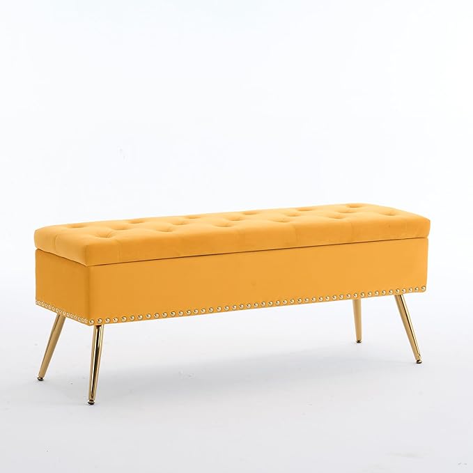 Velvet Storage Bench with Gold Legs& Nailhead Trim, 46" Wide Upholstered Modern Bedroom Bench for End of Bed, Tufted Ottoman for Entryway Living Room Dining Room (Mustard Yellow, 46" Wide)