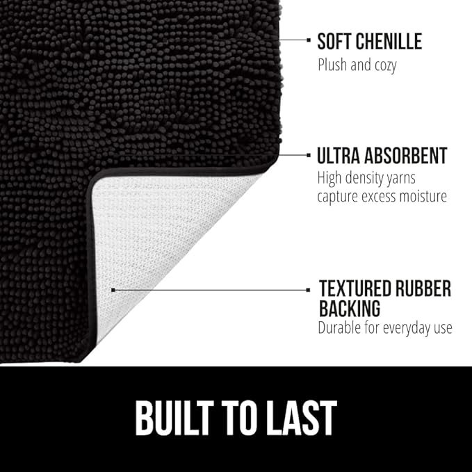 GORILLA GRIP Bathroom Rug Sets, Soft Chenille 2 Piece Area Rugs Set, Toilet Base Mat and 30x20 Carpet, Absorbent Microfiber Washable Mats Dry Quickly, Home Décor and Bath Room Accessories, Black