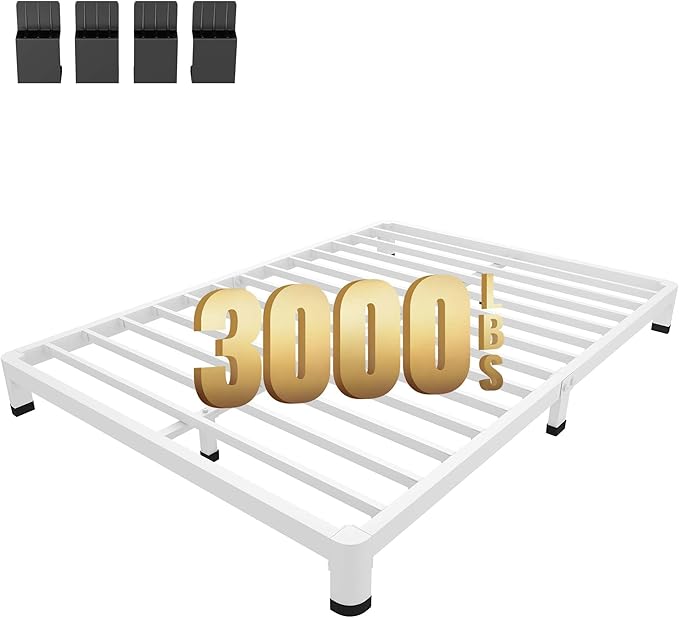 MAF 4 Inch Full Size Metal Platform Bed Frame White with Round Corner Legs, Mattress Slide Stopper, 3000 LBS Heavy Duty Steel Slats Support, Noise Free, No Box Spring Needed, Easy Assembly