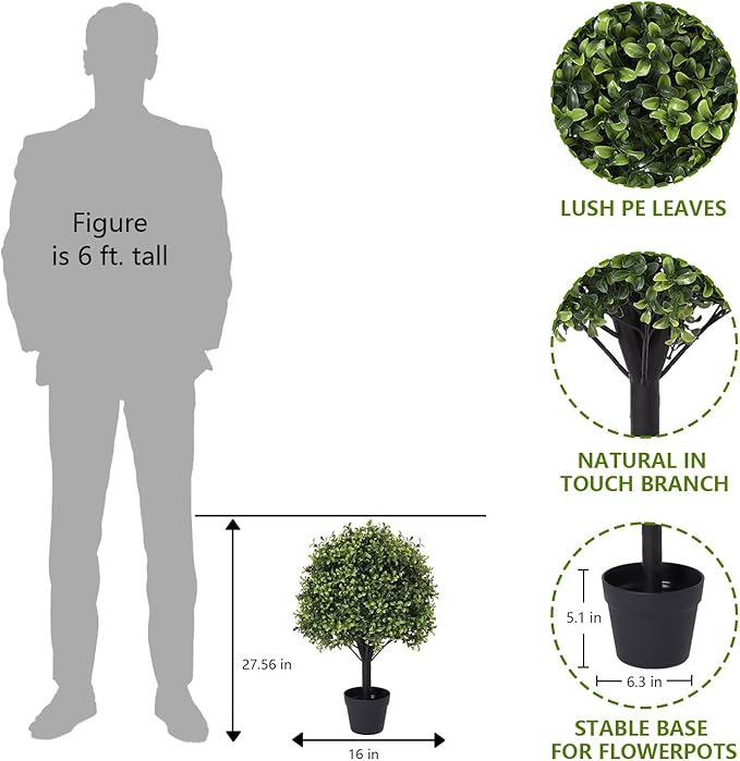 27“ Realistic Artificial Boxwood Topiary Trees Set of 2, Faux Plants Outdoor UV-Resistant, Fake Evergreen Bushes & Shrubs for Front Porch Outside Planter Decor
