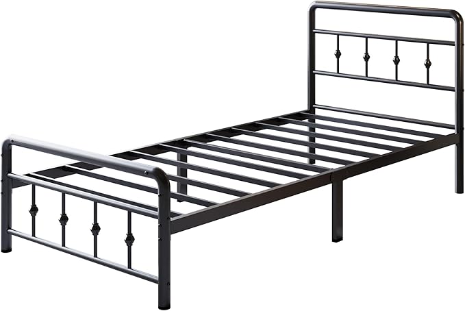 12 Inch Twin Bed Frames with Victorian Vintage Headboard and Footboard, No Box Spring Needed, Heavy Duty Metal Mattress Foundation, Noise Free, Easy Assembly, Black